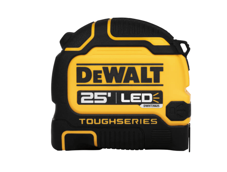 DeWalt ToughSeries 25-foot LED tape measure in yellow and black, shown against a plain white background.