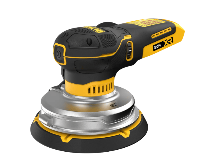 A cordless orbital sander with a black and yellow DeWalt XR-3 handle and a silver metal base, shown on a solid white background.