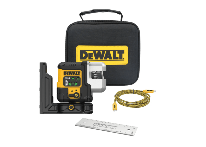 This image features the DEWALT 3-line green laser level kit. The setup includes a black and yellow laser unit mounted on an adjustable black magnetic bracket, a zippered black storage case with the yellow DEWALT logo patch, a yellow-and-black braided USB charging cable, and a small metal alignment plate.   