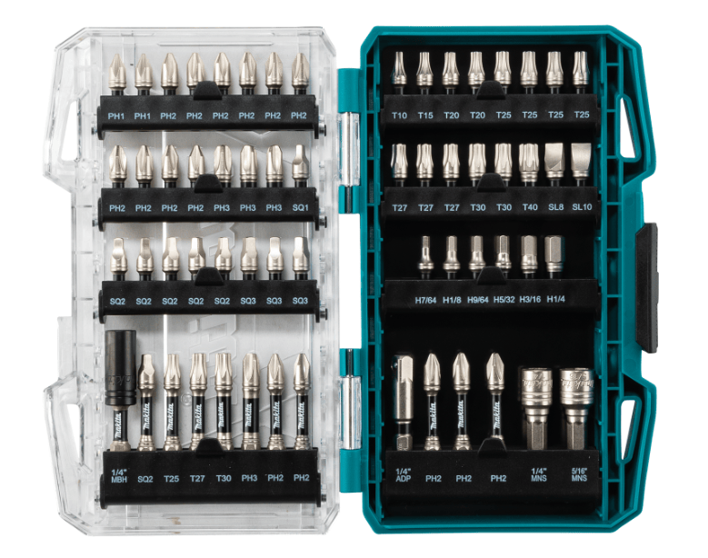 This open Makita bit case reveals an organized assortment of silver steel drive bits and sockets stored inside a two-toned storage box with a clear lid on the left and a teal blue base on the right. The interior is lined with black molded holders that securely display Phillips, Torx, square, slotted, and hex bits, alongside nut setters and a magnetic bit holder.   