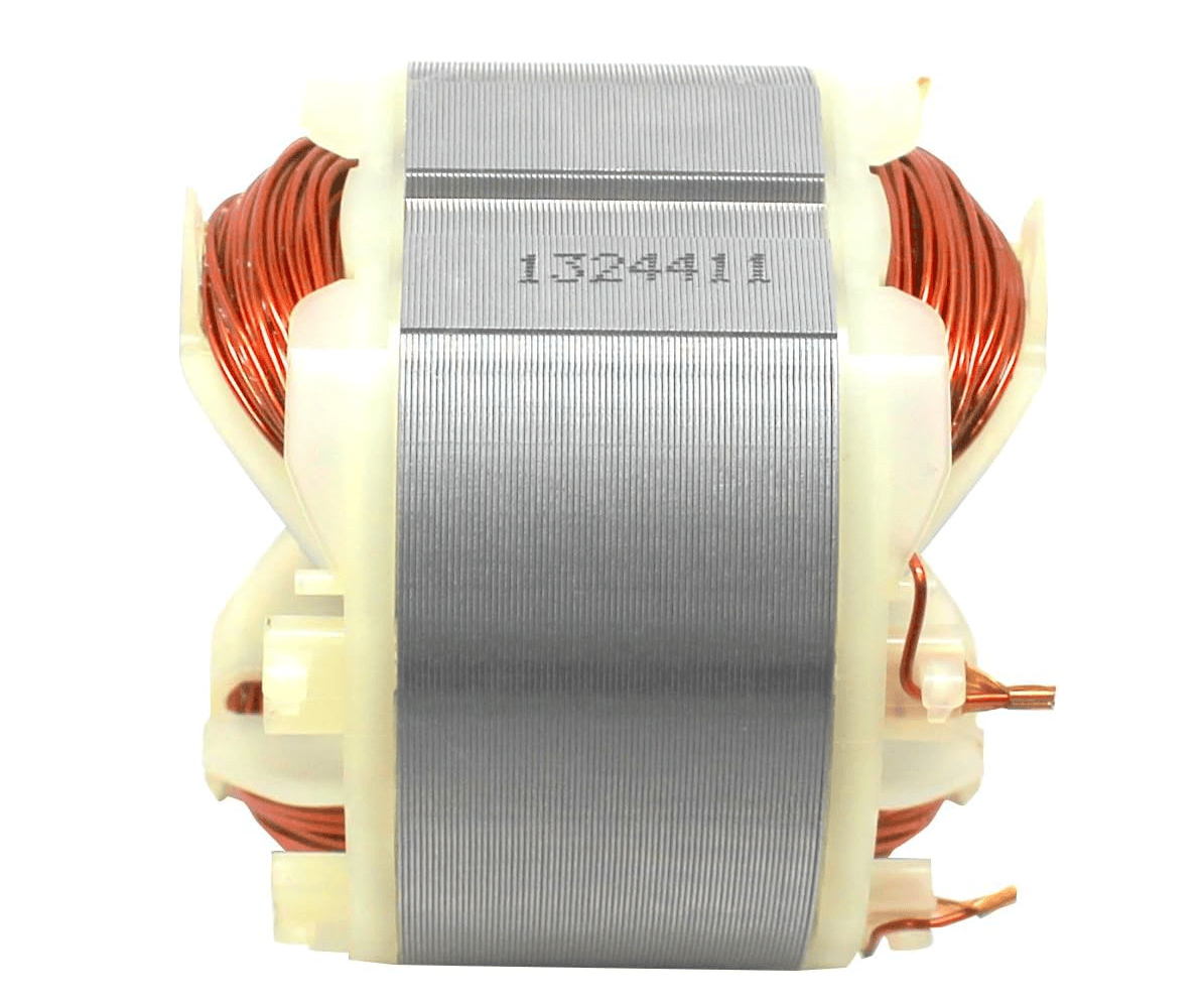 A cylindrical electric motor or transformer core component with a silver metallic center band, white plastic end housings, and copper-colored wire coils wound on both sides, featuring the stamped numbers '1324411' on the front.