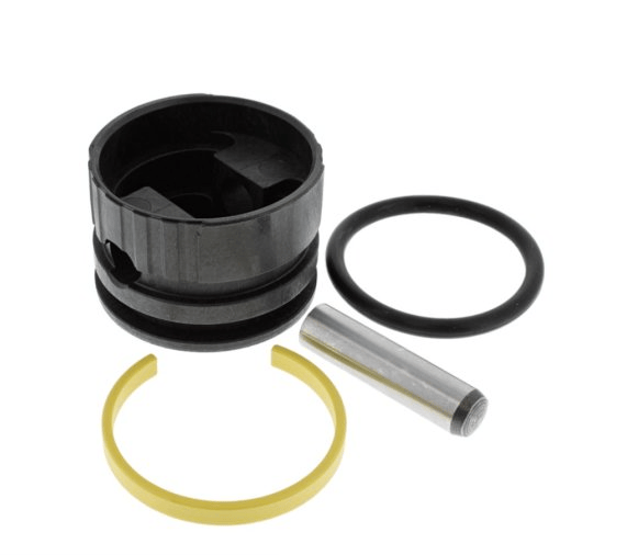 A mechanical parts kit containing a black plastic cylindrical component, a black rubber O-ring, a yellow metal piston ring, and a silver metal pin, arranged on a plain white background.