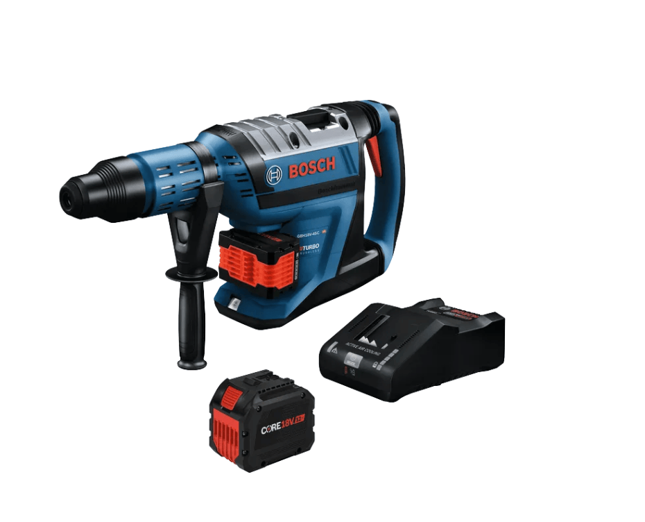 Bosch rotary hammer drill with a blue and gray body, shown alongside a black battery and a black charger on a plain white background.