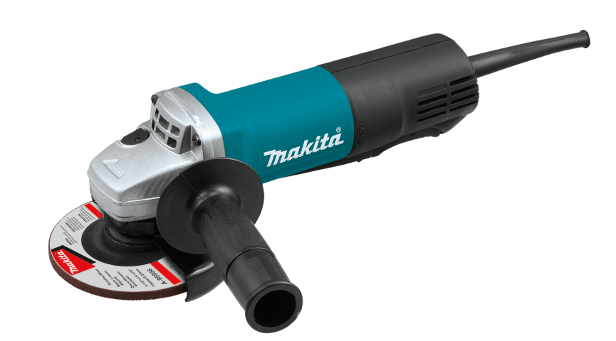 A Makita corded angle grinder with a teal and black body, silver metal gear housing, black side handle, and circular abrasive grinding disc. The power cord extends from the rear against a white background.