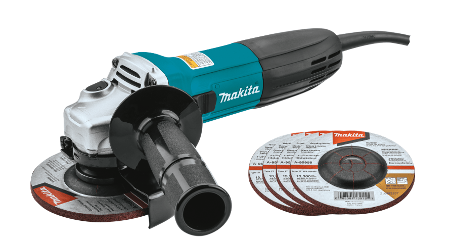 A Makita corded angle grinder with a teal and black body, silver metal gear housing, black side handle, and attached abrasive grinding disc. Four additional Makita grinding wheels are displayed beside the tool against a white background.