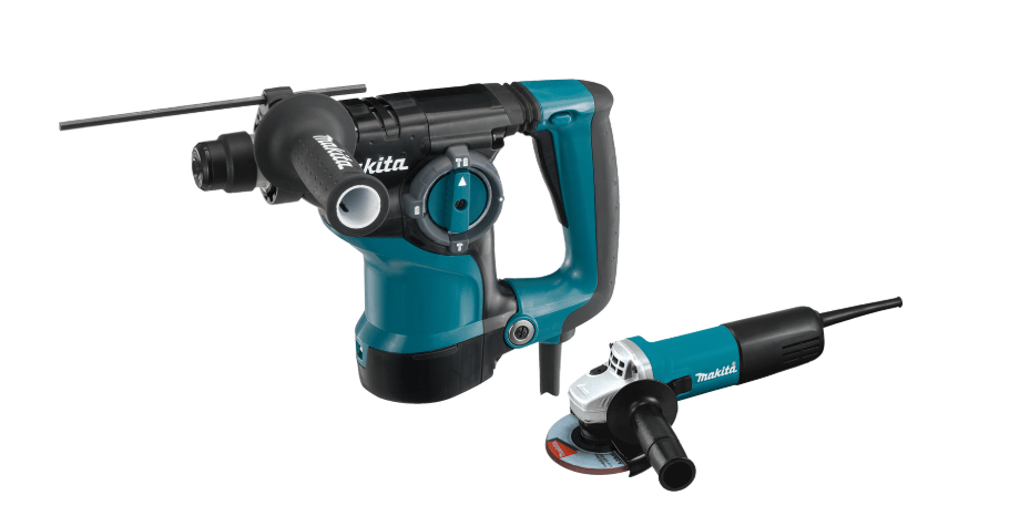 A Makita 1-1/8" SDS-PLUS rotary hammer and 4-1/2" angle grinder combo kit (HR2811FX). The teal and black rotary hammer features a D-shaped rear handle, adjustable side handle, depth gauge, and circular mode selector. A matching corded angle grinder with a silver metal housing, black side handle, and abrasive grinding disc is positioned beside it against a white background.