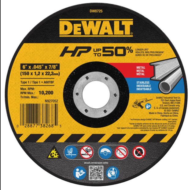 DEWALT HP Type 1 abrasive cutoff wheel (DW8725), measuring 6 inches in diameter, 0.045 inches thick, with a 7/8-inch arbor hole. Designed for cutting metal and stainless steel, with a maximum speed of 10,200 RPM.
