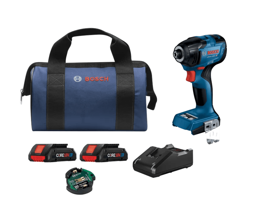 Bosch cordless drill kit with a blue and black cordless impact driver, a blue Bosch carrying case, two red and black CoreLi ion batteries, a black charger, and a green battery compartment cover on a white background.