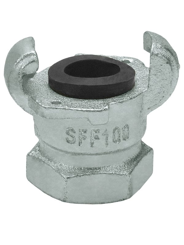 Seal Fast SSF100 zinc-plated iron female NPT crowfoot coupling with two claw-style extensions and central rubber gasket. Hexagonal base allows wrench tightening. Designed for secure hose connections in air and water transfer systems. Durable and corrosion-resistant for industrial use.