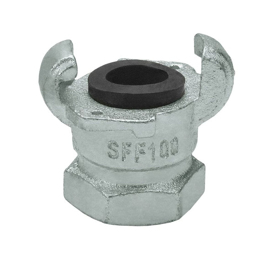 Seal Fast SSF100 zinc-plated iron female NPT crowfoot coupling with two claw-style extensions and central rubber gasket. Hexagonal base allows wrench tightening. Designed for secure hose connections in air and water transfer systems. Durable and corrosion-resistant for industrial use.