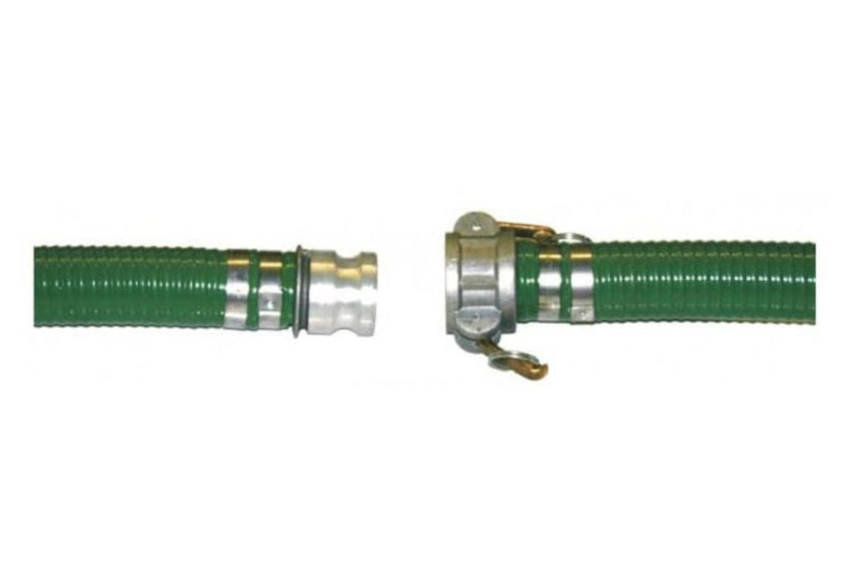 Two green corrugated PVC suction hoses with camlock fittings. The left hose has a male camlock fitting; the right hose has a female camlock fitting with locking arms. Designed for quick, secure hose connections in industrial and agricultural fluid transfer systems