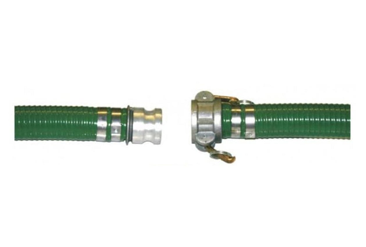 Two green corrugated PVC suction hoses with camlock fittings. The left hose has a male camlock fitting; the right hose has a female camlock fitting with locking arms. Designed for quick, secure hose connections in industrial and agricultural fluid transfer systems