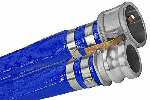 Close-up of the bright blue PVC lay-flat discharge hose showing the securely clamped Type C (male) and Type E (female) aluminum cam lock fittings on one end.