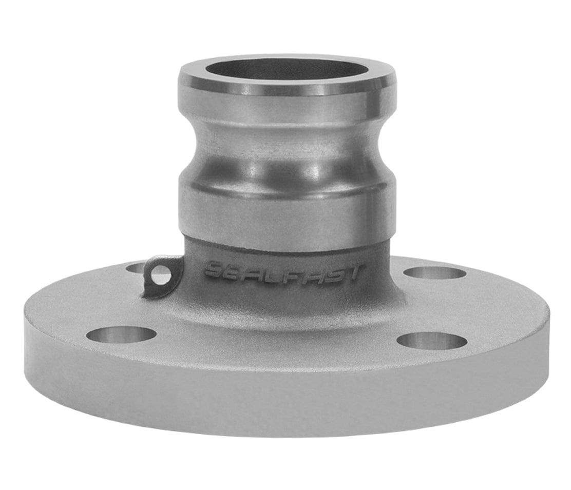 Close-up of Seal Fast aluminum flanged camlock adapter with four bolt holes; used for industrial pipe and hose connections.