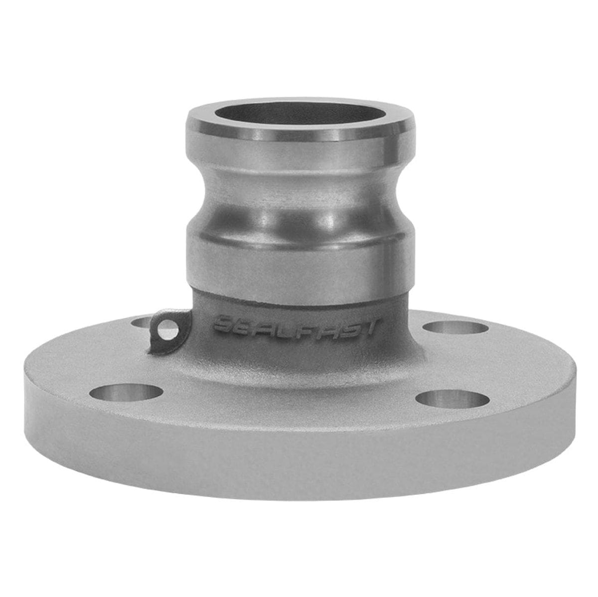 Close-up of Seal Fast aluminum flanged camlock adapter with four bolt holes; used for industrial pipe and hose connections.