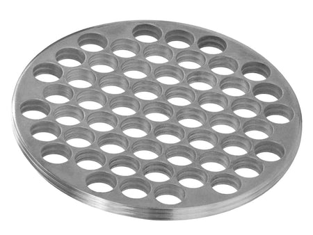 Seal Fast 4" aluminum pump filter strainer with evenly spaced round perforations across a circular metal plate. Designed for fluid intake protection, the lightweight, corrosion-resistant strainer is available in 1/4" or 1/2" hole sizes. Ideal for agricultural, construction, and industrial pump systems.