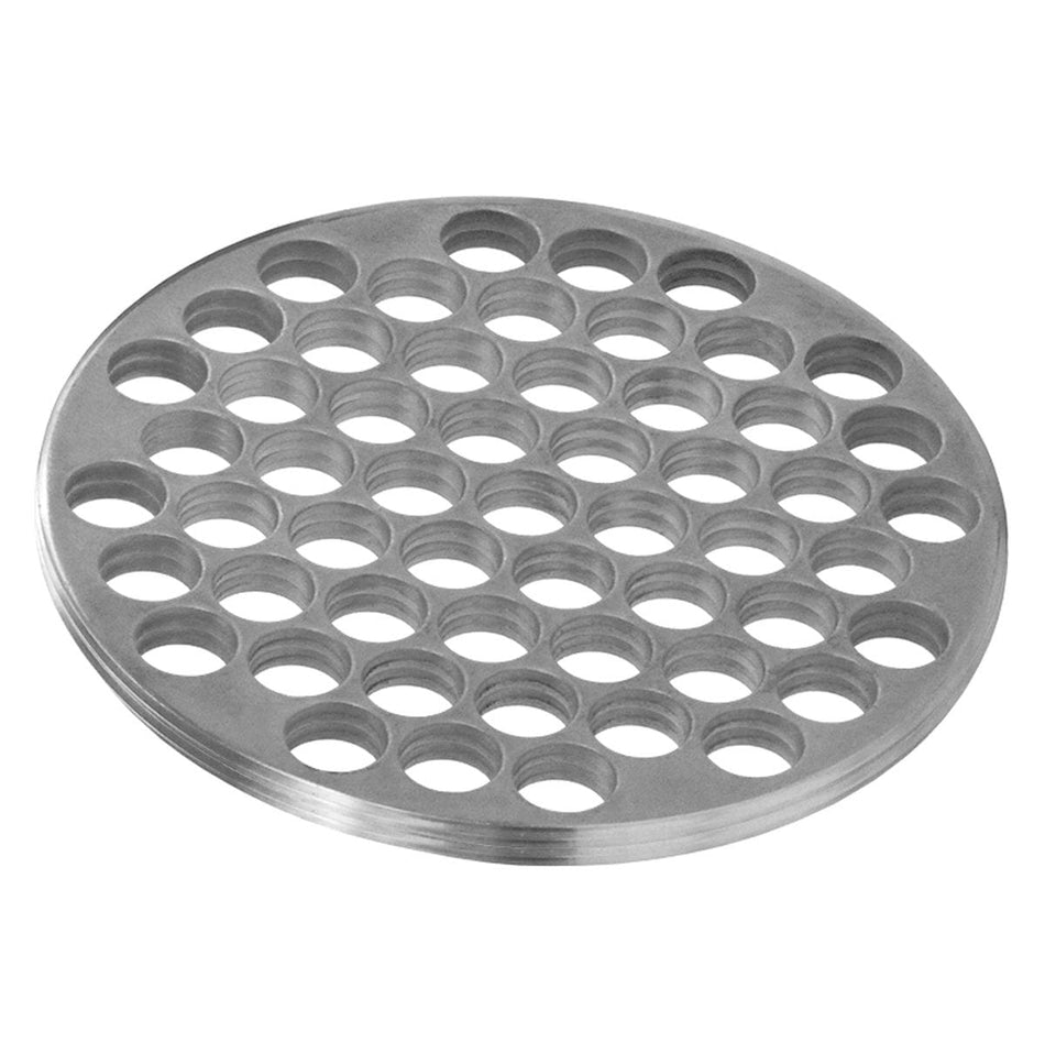 Seal Fast 4" aluminum pump filter strainer with evenly spaced round perforations across a circular metal plate. Designed for fluid intake protection, the lightweight, corrosion-resistant strainer is available in 1/4" or 1/2" hole sizes. Ideal for agricultural, construction, and industrial pump systems.