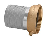 Seal Fast 4" aluminum shank female NPSH coupling with brass nut. The fitting features a ribbed aluminum hose end for secure grip and a threaded brass section engraved with “LASCO” for pipe connection. Designed for industrial hose assemblies requiring corrosion-resistant, leak-tight performance in water and air transfer systems.