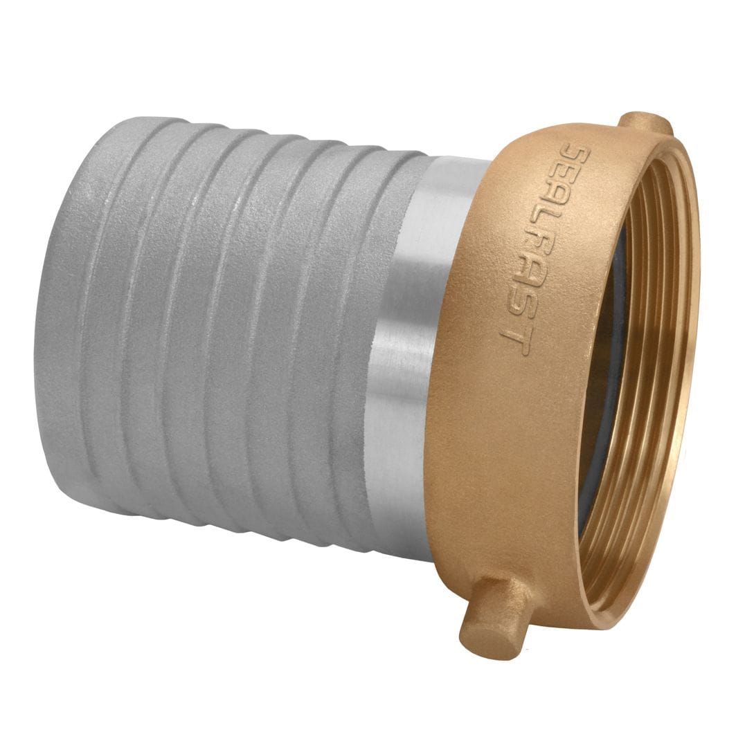 Seal Fast 4" aluminum shank female NPSH coupling with brass nut. The fitting features a ribbed aluminum hose end for secure grip and a threaded brass section engraved with “LASCO” for pipe connection. Designed for industrial hose assemblies requiring corrosion-resistant, leak-tight performance in water and air transfer systems.