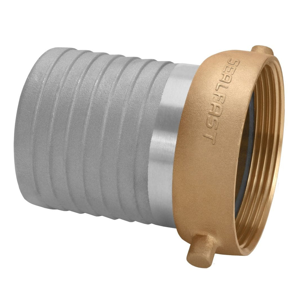 Seal Fast 4" aluminum shank female NPSH coupling with brass nut. The fitting features a ribbed aluminum hose end for secure grip and a threaded brass section engraved with “LASCO” for pipe connection. Designed for industrial hose assemblies requiring corrosion-resistant, leak-tight performance in water and air transfer systems.