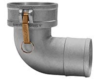 Seal Fast 90-degree aluminum cam and groove elbow coupler with female camlock fitting and hose shank. The fitting features a smooth metallic body with a brass camlock lever for secure attachment. Designed for leak-resistant hose connections in industrial fluid systems, this angled coupler redirects flow efficiently in tight spaces. Compatible with 2" to 6" hose assemblies.