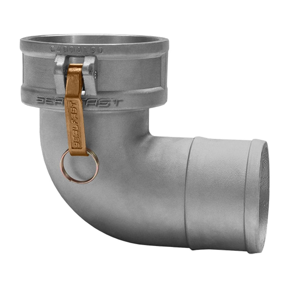 Seal Fast 90-degree aluminum cam and groove elbow coupler with female camlock fitting and hose shank. The fitting features a smooth metallic body with a brass camlock lever for secure attachment. Designed for leak-resistant hose connections in industrial fluid systems, this angled coupler redirects flow efficiently in tight spaces. Compatible with 2" to 6" hose assemblies.