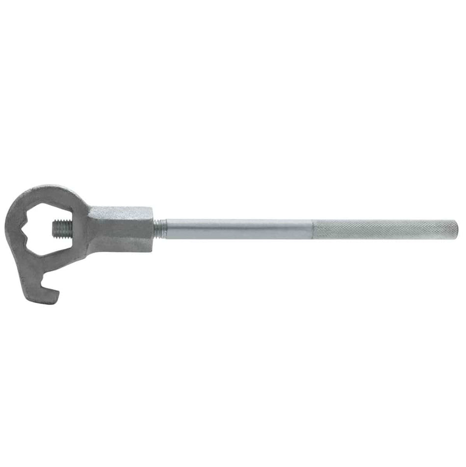 Seal Fast adjustable combination spanner shown against a neutral background. The tool features a long, textured steel handle for grip and a hook-shaped zinc-plated cast iron head designed to engage with notches or holes on round fasteners such as locknuts or retaining rings. Ideal for industrial and mechanical applications where standard wrenches are not suitable.