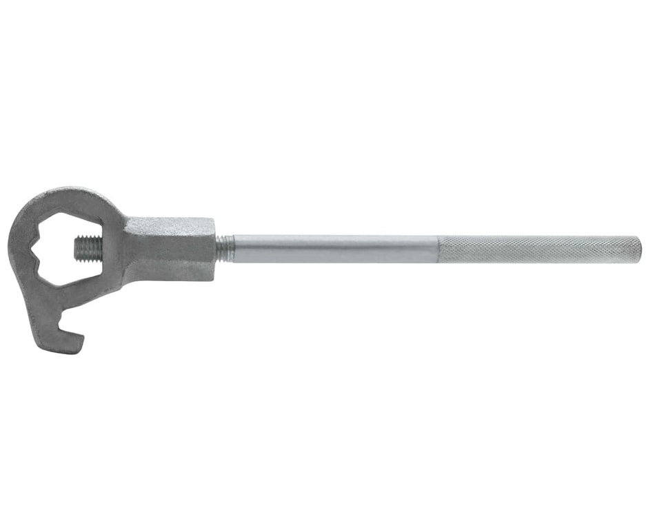 Seal Fast adjustable combination spanner shown against a neutral background. The tool features a long, textured steel handle for grip and a hook-shaped zinc-plated cast iron head designed to engage with notches or holes on round fasteners such as locknuts or retaining rings. Ideal for industrial and mechanical applications where standard wrenches are not suitable.