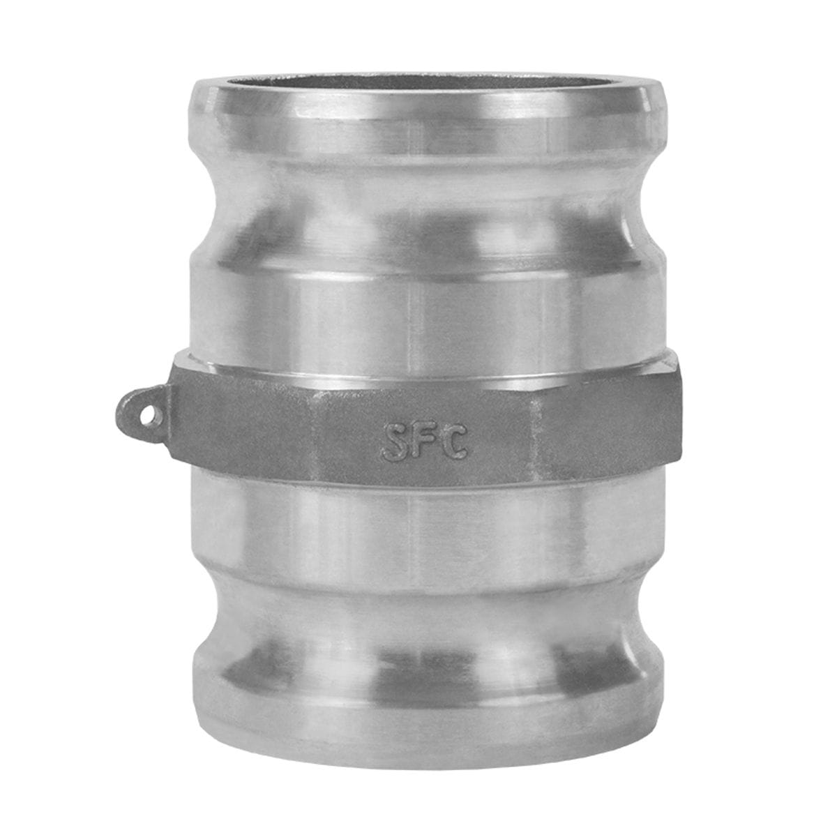Seal Fast aluminum cam and groove Type SA spool adapter with dual male ends. The cylindrical fitting features a grooved body and engraved “DPC” marking, designed for secure hose-to-hose connections in fluid transfer systems. Built for leak-resistant performance in industrial, agricultural, and municipal applications.
