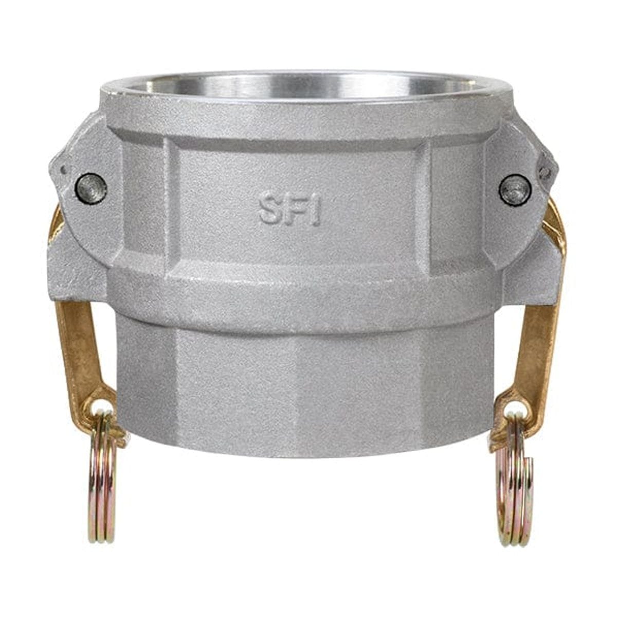 SealFast Female Coupler x Female NPT Cam & Groove Coupling made of aluminum with brass handles for secure connections.
