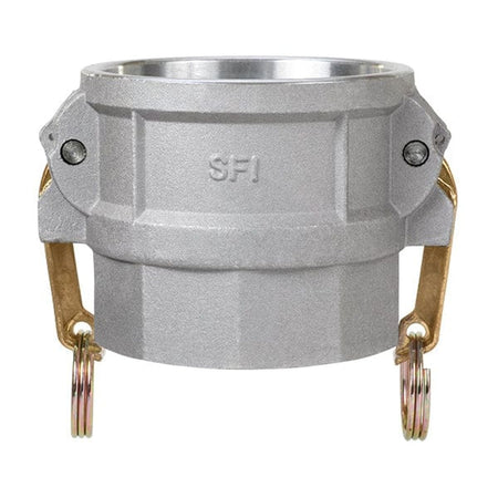 SealFast Female Coupler x Female NPT Cam & Groove Coupling made of aluminum with brass handles for secure connections.