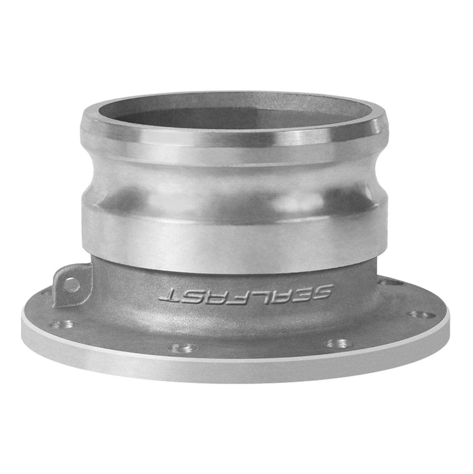 Upright view of the Seal Fast aluminum male adapter TTMA cam and groove coupling, showcasing the flanged base with bolt holes designed for industrial fluid transfer systems.