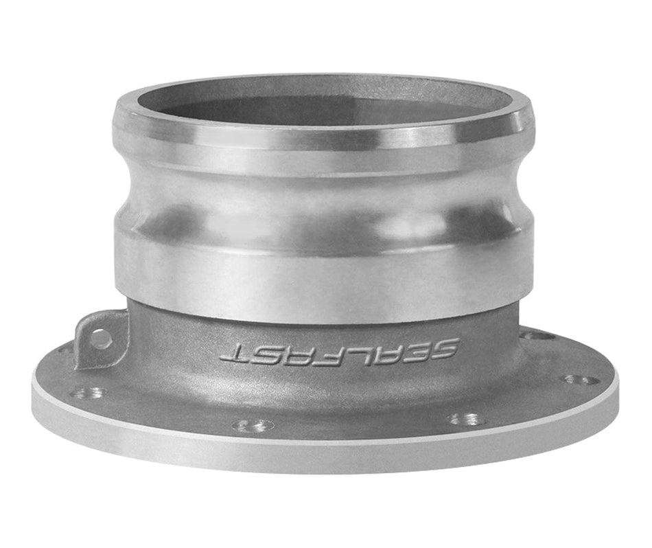 Upright view of the Seal Fast aluminum male adapter TTMA cam and groove coupling, showcasing the flanged base with bolt holes designed for industrial fluid transfer systems.