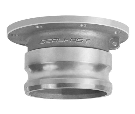 Inverted profile of the Seal Fast lightweight aluminum male adapter, highlighting the TTMA flanged connection on top and the corrosion-resistant cam and groove coupling below.