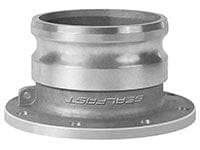 Seal Fast aluminum camlock adapter with TTMA flange end. The fitting features a polished metallic surface, cam and groove connection, and multiple bolt holes for mounting. Designed for quick, secure fluid transfer in industrial, agricultural, and commercial systems.