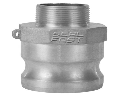 Seal Fast aluminum male NPT reducer/increaser adapter with 4" x 2" threaded pipe ends. The fitting features a hexagonal body with “SEAL FAST” embossed branding and a camlock groove at the base. Designed for industrial fluid systems requiring secure transitions between different pipe diameters