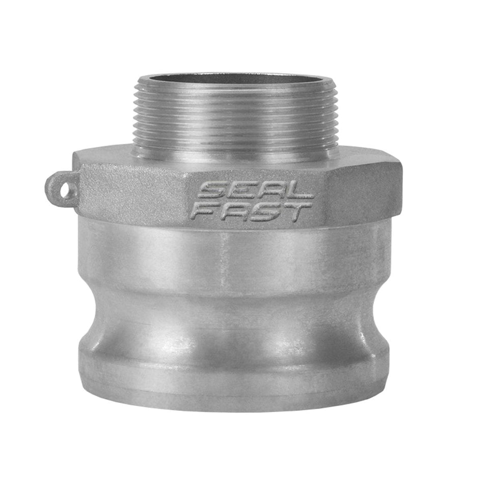 Seal Fast aluminum male NPT reducer/increaser adapter with 4" x 2" threaded pipe ends. The fitting features a hexagonal body with “SEAL FAST” embossed branding and a camlock groove at the base. Designed for industrial fluid systems requiring secure transitions between different pipe diameters