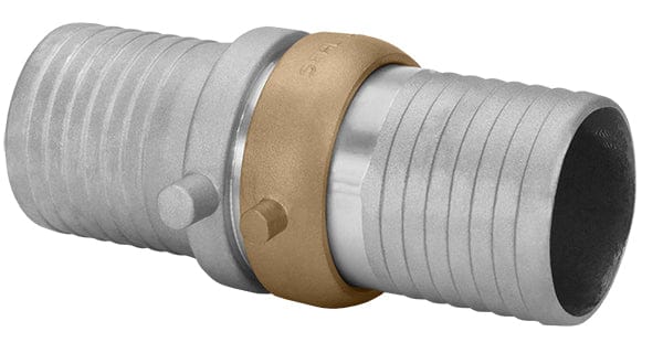 Seal Fast aluminum male x female NPSH shank coupling with brass nut. The fitting features dual ribbed cylindrical hose ends joined by a central brass locking ring, with side lugs for secure alignment. Designed for 4" and 6" hose connections in water and air transfer systems. Durable and corrosion-resistant for industrial use.