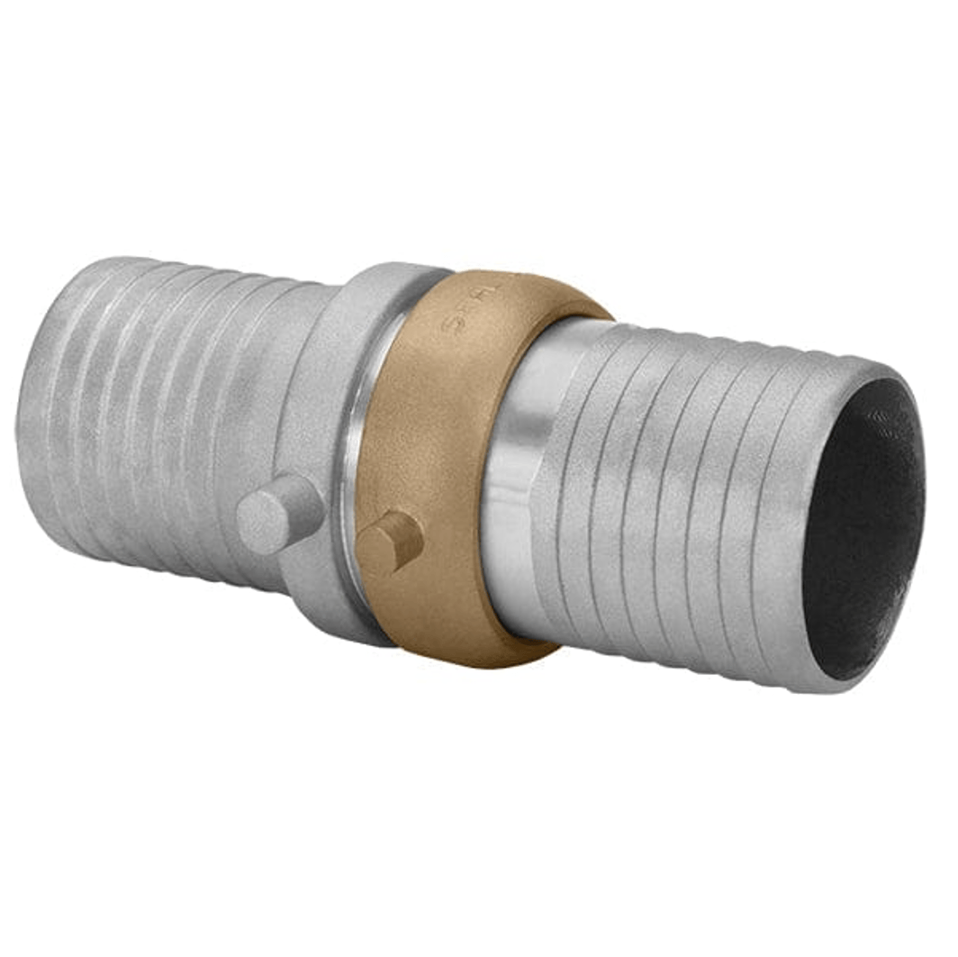 Seal Fast aluminum male x female NPSH shank coupling with brass nut. The fitting features dual ribbed cylindrical hose ends joined by a central brass locking ring, with side lugs for secure alignment. Designed for 4" and 6" hose connections in water and air transfer systems. Durable and corrosion-resistant for industrial use.