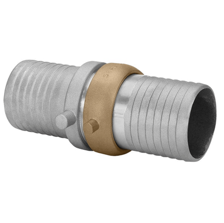 Seal Fast aluminum male x female NPSH shank coupling with brass nut. The fitting features dual ribbed cylindrical hose ends joined by a central brass locking ring, with side lugs for secure alignment. Designed for 4" and 6" hose connections in water and air transfer systems. Durable and corrosion-resistant for industrial use.