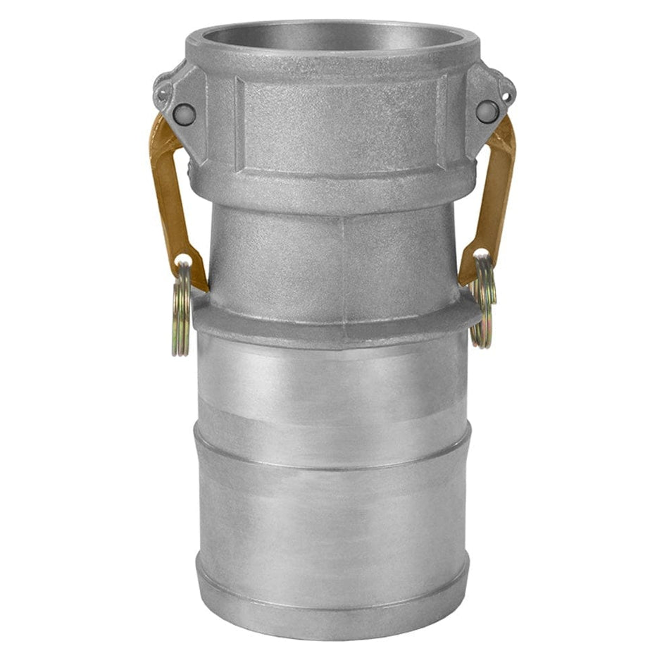 Aluminum camlock coupling with two locking arms and a hose shank adapter. This Type CR reducing cam & groove fitting is designed to connect hoses of different diameters—specifically 3" to 2" or 2" to 1"—in industrial fluid transfer systems. The durable metal body is built for quick, secure connections in agricultural, chemical, and construction applications.