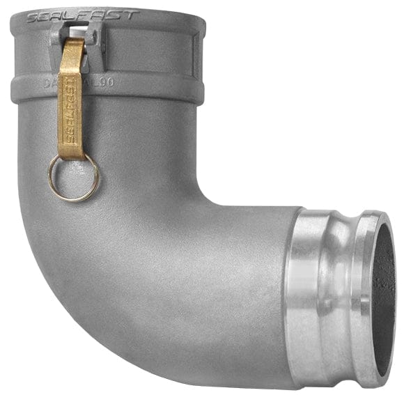 Seal Fast aluminum camlock coupling shown in a 90-degree elbow configuration. The fitting features a female camlock coupler on one end and a male camlock adapter on the other, with a visible stainless steel cam arm labeled “SEALFAST.” Designed for quick connection and directional flow control in fuel, water, hydraulic, and industrial fluid transfer systems.