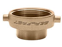 Brass reducer adapter fitting with female threads on top and male threads on bottom, designed to connect 2.5" FNST to 2" MNPT pipe systems. Two side lugs allow tightening with a spanner wrench. “BRASS” is embossed on the side. Used in hydrant, hose, and industrial plumbing applications.