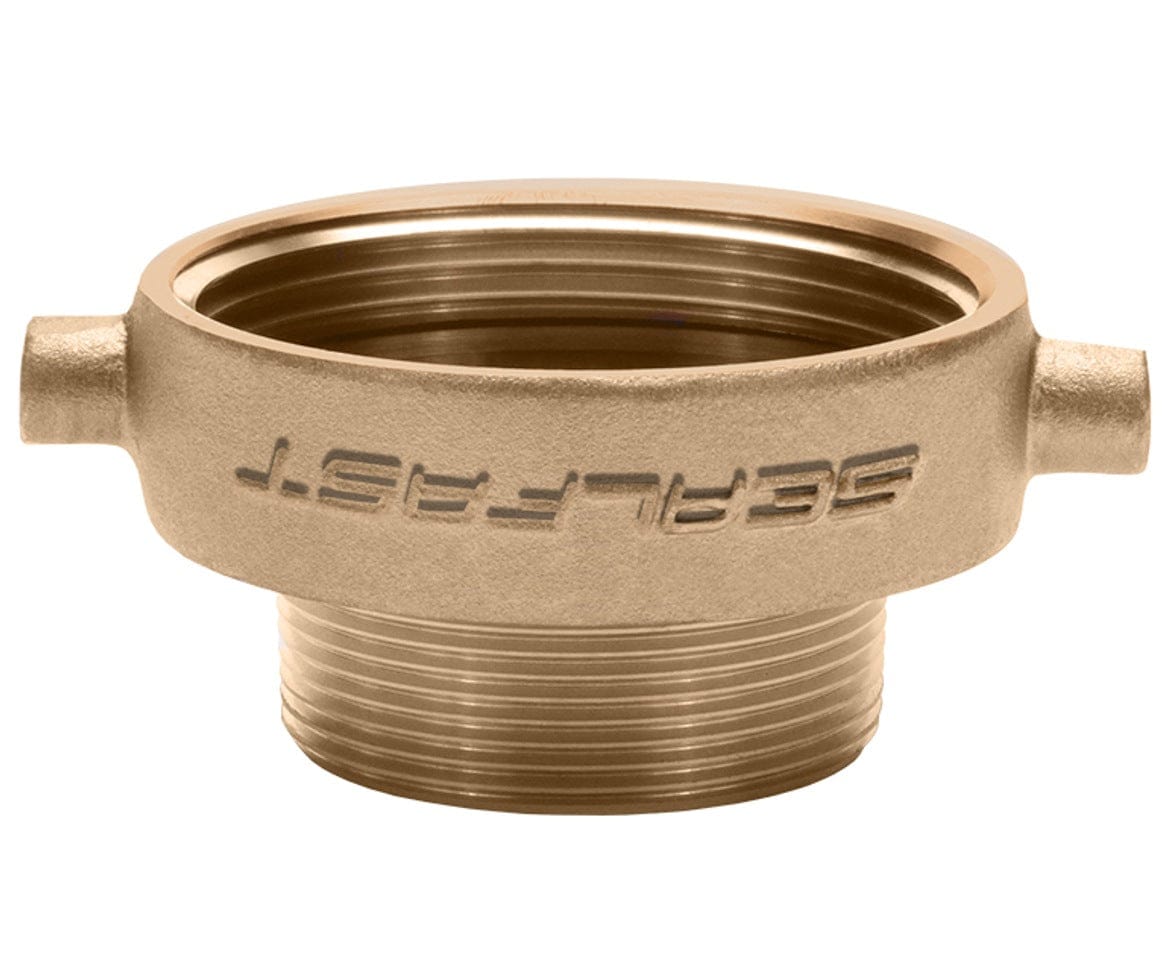 Upright view of the Seal Fast brass reducer adapter showcasing the wide 2.5 inch FNST female threaded opening and outer pin lugs above the narrower 2 inch MNPT male threaded fitting.