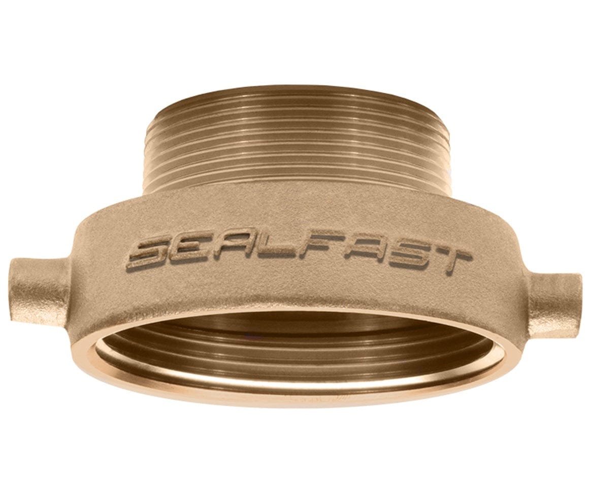 Inverted profile of the Seal Fast brass reducer adapter highlighting the 2 inch MNPT male threads on top and the 2.5 inch FNST female threaded connection with pin lugs facing downward.