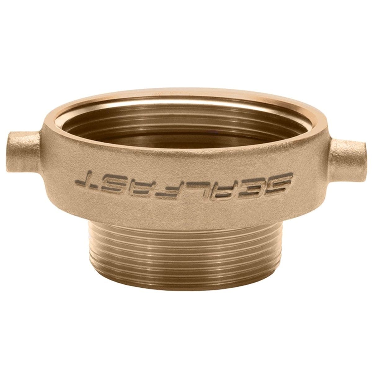 Upright view of the Seal Fast brass reducer adapter showcasing the wide 2.5 inch FNST female threaded opening and outer pin lugs above the narrower 2 inch MNPT male threaded fitting.