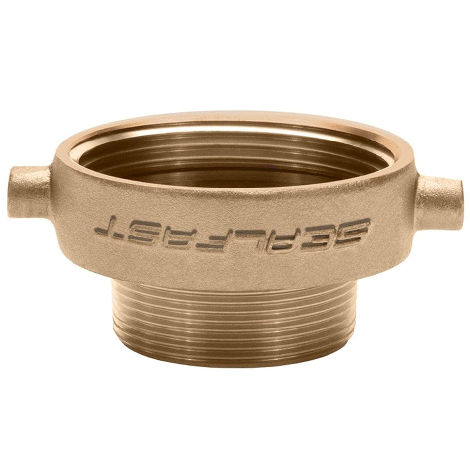 Upright view of the Seal Fast brass reducer adapter showcasing the wide 2.5 inch FNST female threaded opening and outer pin lugs above the narrower 2 inch MNPT male threaded fitting.