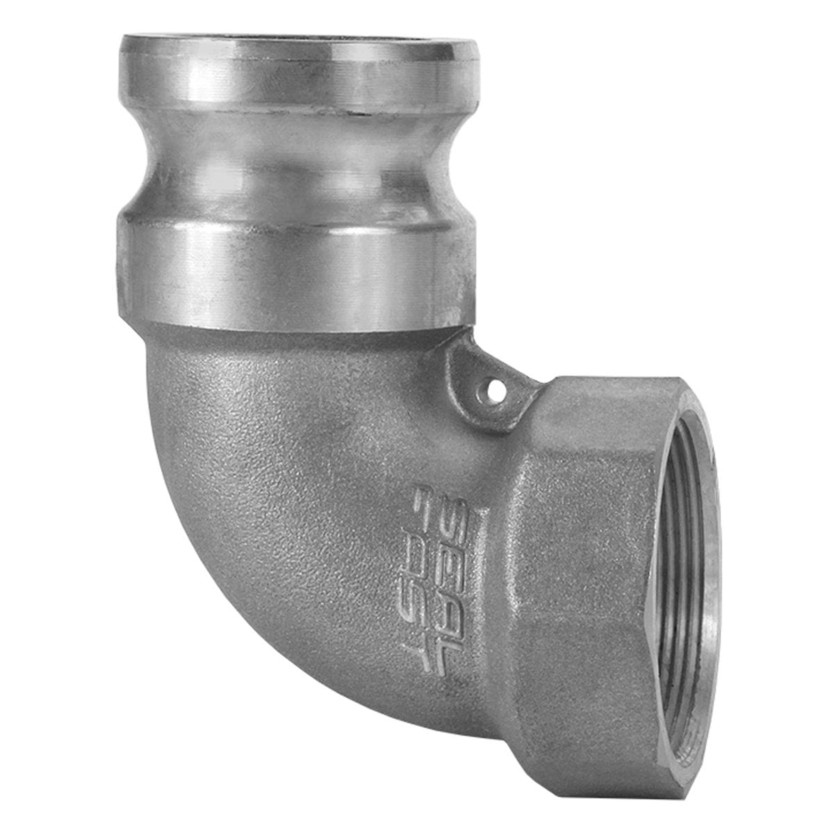 Seal Fast A400AL90 4-inch aluminum Type A male camlock to female NPT 90-degree elbow fitting for high-capacity line routing.