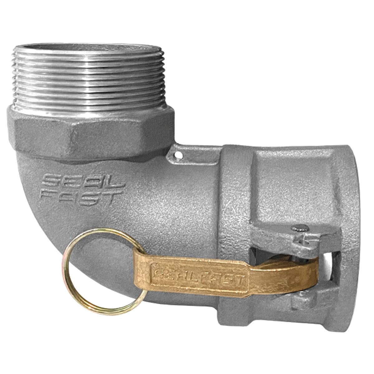 Seal Fast B150AL90 1-1/2-inch aluminum Type B female camlock to male NPT 90-degree elbow fitting for pump fluid line routing.