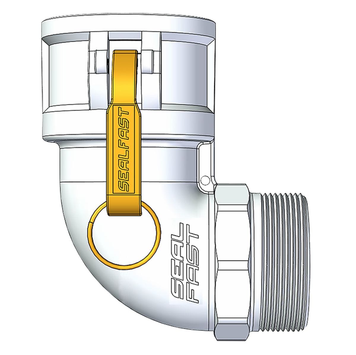 Seal Fast B200AL90 2-inch aluminum Type B female camlock coupler to male NPT 90-degree elbow fitting for pump line routing.
